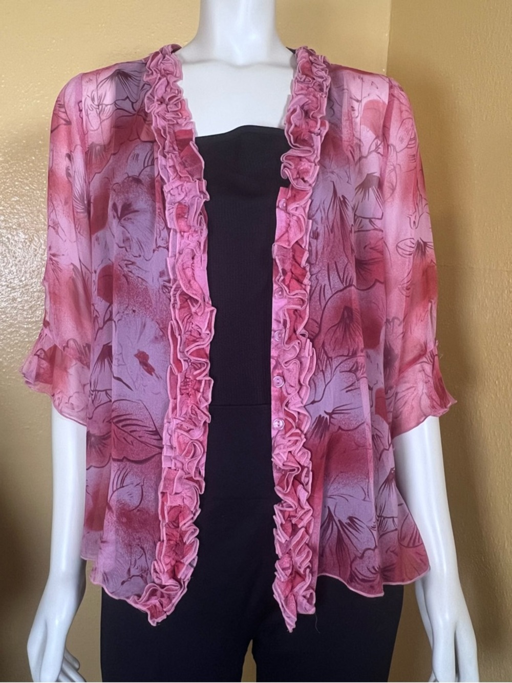 Vintage 100% Silk Floral Ruffle Blouse Sz 14 Sheer Y2K Romantic Boho